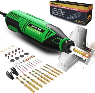 PRETEC Electric Chainsaw Sharpener Kit 54PCS w/ Diamond Wheels & Angle Guide 120V Tool