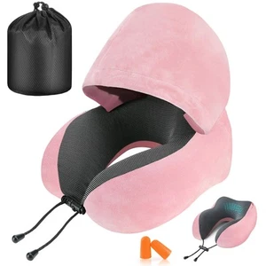 Travel Pillow Neck Pillow for Travel with Hood for Airplane Velvet Memory - Picture 1 of 7