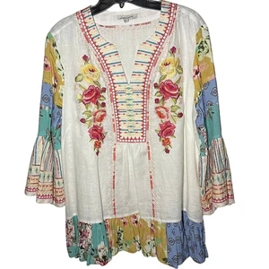 John Mark Damen Boho weiß Blumen bestickt Patchwork 100% Leinen Top Gr. L - Bild 1 von 8