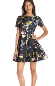 Ted Baker Dress Moven Floral Skater Fit And Flare Botanical Black Size 1 - Picture 1 of 8