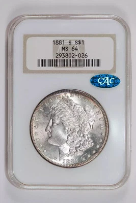 1881-S MORGAN DOLLAR NGC MS64 CAC ANTIGUO SOPORTE GRASO - ¡SE VE MEJOR! Foto 1 de 2