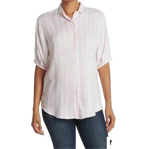 BeachLunchLounge Better Late Short Sleeve Stripe Shirt Button Up Pink Sz. S $48 - Picture 1 of 9