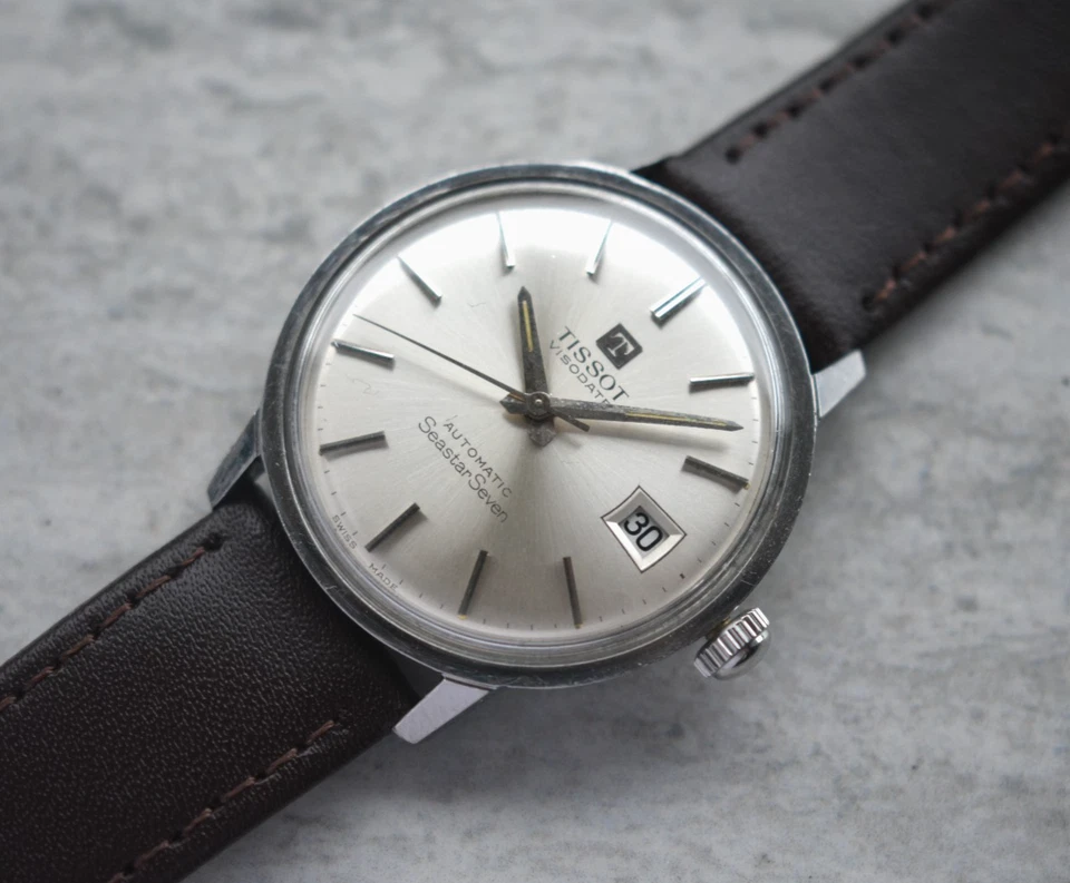 1960s Vintage Tissot Seastar Seven Visodate Automatic Silver Dial Leather Watch - image 1 of 4
