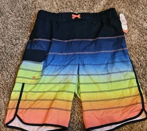 Swim Trunks Boy's 18 XXL New Bright Striped Orange Blue Beach Wonder Nation NWT - Picture 1 of 5