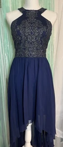 Xtrordinary Navy Blue Hi-Lo Dress, Beaded/Glitter, Halter, Open Back, Size 7 - Picture 1 of 8