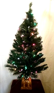 VTG FIBER OPTIC XMAS TREE GOLD BASE 36"H GREEN MULTICOLOR LED w/ XMAS LIGHTS - Picture 1 of 10