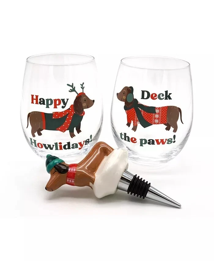  Dachshund Stemless Wine Glass and Bottle Stopper Set, 3 Piece. NEW - Image 1 of 1