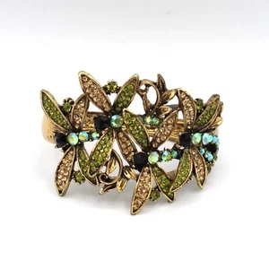 Kirks Folly Green Black Gold Tone Dragonfly Enamel Cuff Bracelet w/ Crystals - Picture 1 of 10