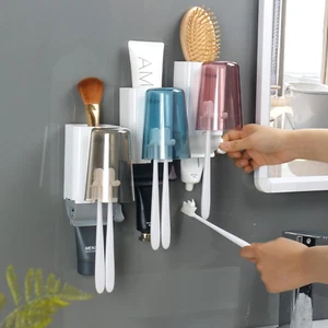 Toothbrush Holders and Toothpaste Squeezer Set - Wall Mounted Bathroom Accessori - Picture 1 of 9