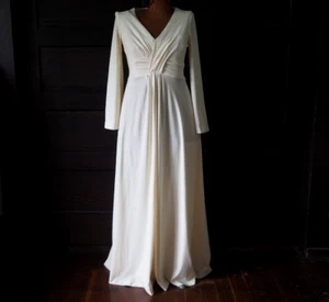 VTG 70s Ivory Yellow Cocktail Renfaire Gown Wide Sleeve Grecian Plunge Dress M - Picture 1 of 10