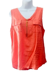 NWT Ellen Tracy Women’s Size Large Linen Zip Tassel Coral Sleeveless Blouse Top - Picture 1 of 5
