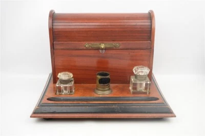 Antique Roll Top Writing Stationary Letter Box Wood Glass Inkwells and Brush - Image 1 of 4