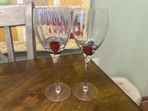 2 Two Pier 1 One Red Swirled Stem Tear Drop Wine Glasses 9 1/4" Tall - Picture 1 of 4