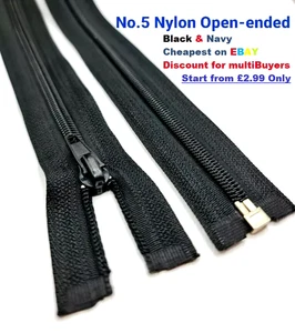 BLACK & NAVY 20"-40" INCH NYLON ZIP No.5 OPEN END ZIPS HEAVY DUTY QUALITY ZIPPER - Picture 1 of 3