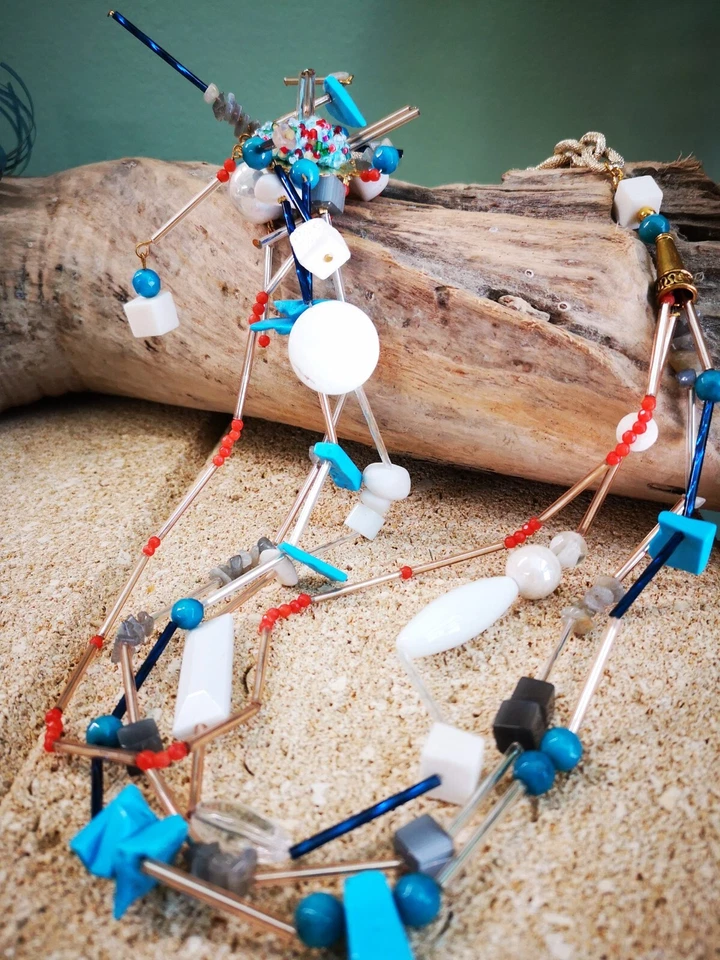 collana artigianale donna tre fili turchese, corallo bambù - Immagine 1 di 1