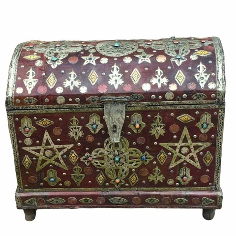 Large Antique Moroccan Cedar Chest - Tuareg Dowry Trunk - Leather, Silver, Coins Cover