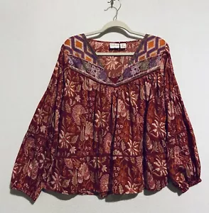 Rachel Zoe Top Damen groß rot Blumen bestickt Baumwolle Boho Bauer fließend - Bild 1 von 5