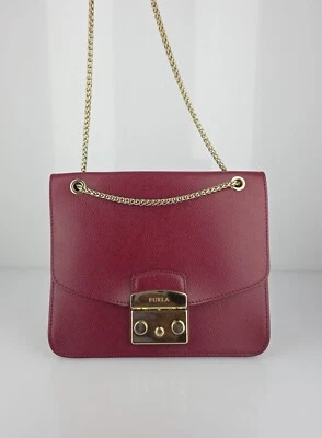 Furla Saffiano Leather Shoulder Bag w/ Gold Tone Chain Burgundy - Image 1 of 4