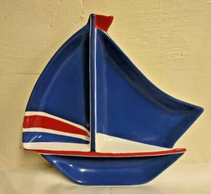 Sailboat Red White and Blue Beautiful Divided Ceramic Dish Summer Shop 12" - Picture 1 of 5