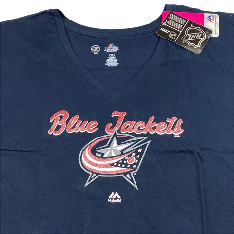 Columbus Blue Jackets T-Shirt Womens Plus 2X Majestic NHL 100% Cotton V-Neck Cover