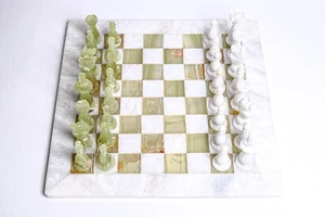 Handmade White and Green Onyx Marble Chess Game Set – Handcrafted 16 inches - Picture 1 of 5