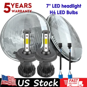7 Inch LED GLASS Headlight Round,ORIGINAL CLASSIC LOOK Headlamp Chrome H4 Lamp - Picture 1 of 20