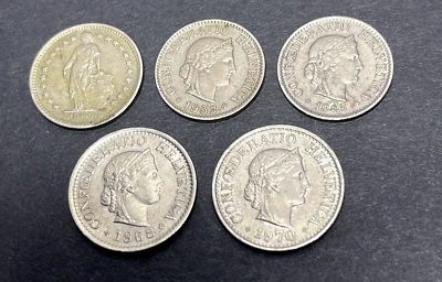 Switzerland Coins Lot 1946 & 1953 5 Rappen, 1968 & 1970 10 Rappen, 1969 1/2 Fr - Image 1 of 4