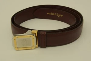 Authentic Must de Cartier Leather Belt Galbee Style SP GP Logo Buckle Burgundy - Picture 1 of 17