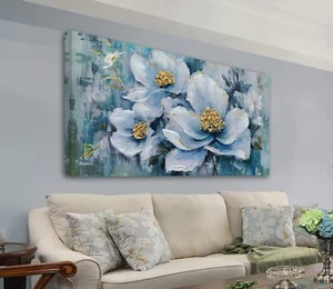 TEXTURED WALL ART ELEGANT FLOWER PAINTING TEAL BLUE AND GOLD FLORAL LANDSCAPE PI - Picture 1 of 6