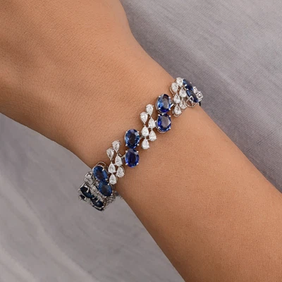 27.95 TCW Natürlich Blauer Saphir Si / H Diamant Bettelarmband 18k Weiß Echtgold - Bild 1 von 4