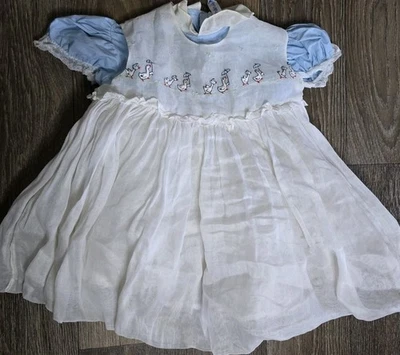 Vintage Saks Fifth Avenue Baby Dress Blue White Country Geese Embroidered 3-6M - Image 1 of 4