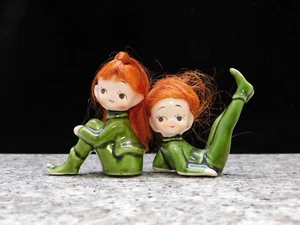2 Vintage Green Pixie/Elf Girls with Red Hair Figurines Japan Elves - Picture 1 of 5