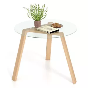 35.5" Round Tempered Glass Table Dining Table Kitchen Table w/Rubber Wood Frame - Picture 1 of 10