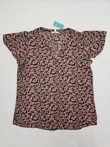 Maurices Black Pink Floral Women's Flowy Blouse V-Neck Shirt Size Medium NWT - Picture 1 of 7