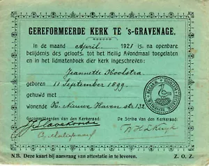 Netherlands, 1921, Vintage Reformed Church Member Card - Den Haag - Picture 1 of 2