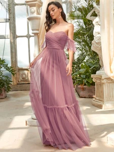 Vestido de noche plisado de doble capa fuera del hombro para mujer - Imagen 1 de 37