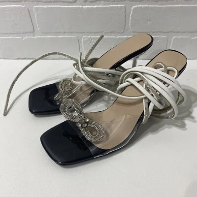 NEW - Echoine Black Square Toe Rhinestone Lace-up High Heels Size 10.5 - Image 1 of 4