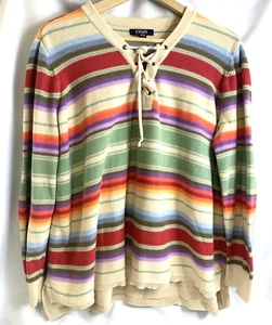 Chaps Shirt Women's Size 1X Multi Colored Striped Tie Up Casual Comfy Knit - Picture 1 of 17