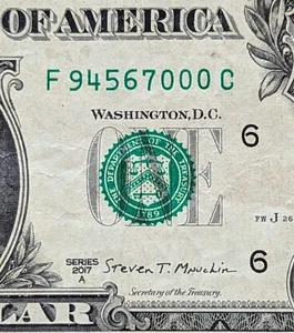 2017 A $1 bill fancy serial, zip code note 94567. Pope Valley, CA - Picture 1 of 3