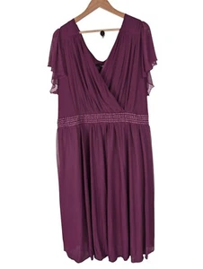 Yours Purple Wrap Front Dress Beaded Waist Flutter Sleeve Knee Length Size 28/30 - Picture 1 of 8
