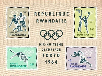Folha de lembrança Ruanda 83a 1964 18º Jogos Olímpicos de Tóquio, sem marca de charneira - Imagem 1 de 2