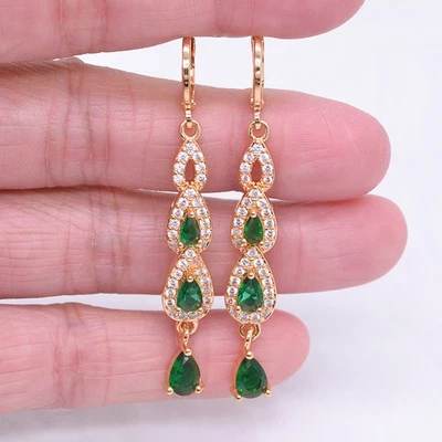 Pendientes largos en lágrima de topacio místico verde de moda rellenos de oro amarillo de 18 quilates para mujer Foto 1 de 4