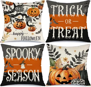 Halloween Pillow Covers 18X18 Set of 4 Jack-O-Lantern Pumpkin Halloween Decorati - Picture 1 of 12