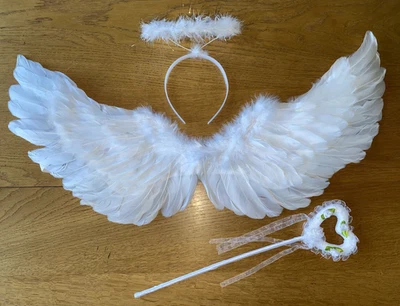 Handmade Real Feather Angel Wings Fairy Wings Halo Wand Dress up Nativity Kids