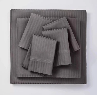 NWOT~ Threshold KING Gray 6 pc Sheet Set Damask Striped Sateen 400 TC Soft sheen - Image 1 of 4