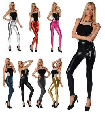 ELOMODA Damen Leggings Wet-Look schwarz silber gold pink rot lila bordo Glanz