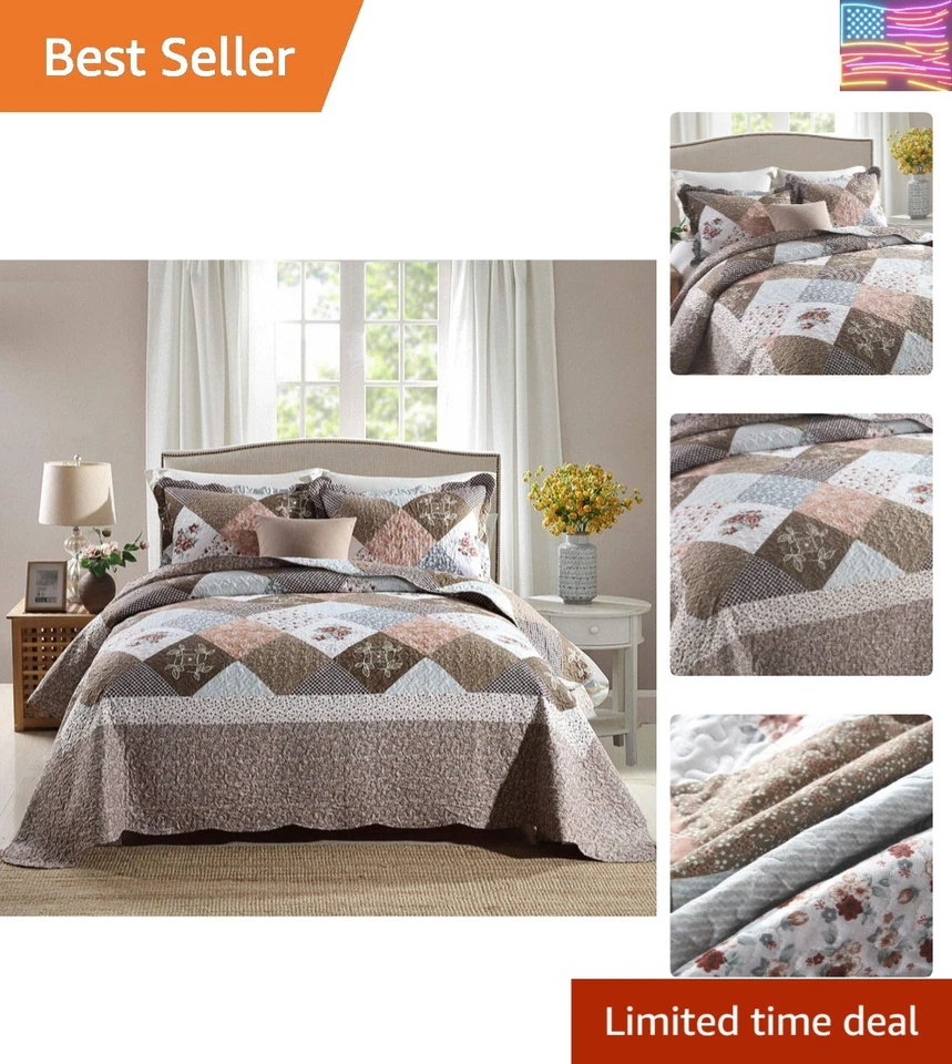 NEWLAKE Quilt Bedspread Sets-Checkered Floral Queen Brown Checkered