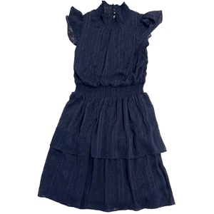 BCX Navy Embellished Tiered Dress Small NWT Smocked High Neck Flutter Sleeve - Picture 1 of 8