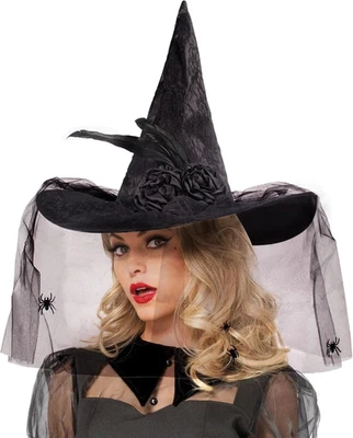 Sombrero de bruja de Halloween de encaje con velo accesorio de disfraz gótico para mujeres niñas Foto 1 de 4