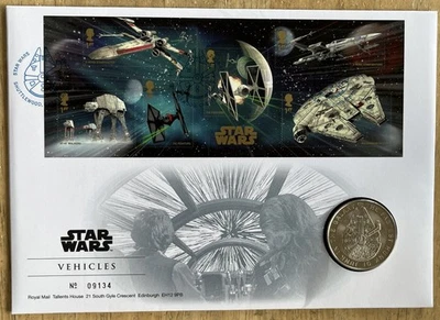 2015 GB Stamps, Miniature Sheet, Medal First Day Cover FDC - Star Wars Vehicles - Image 1 of 2